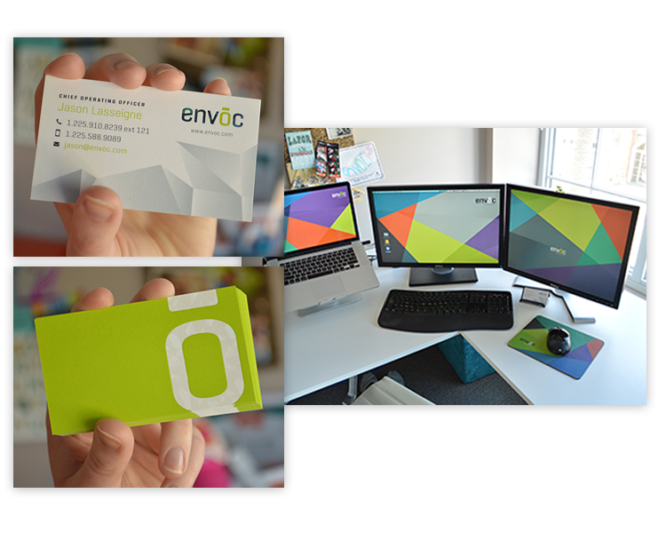 Various branded materials including business cards, mousepads, desktop backgrounds, and social media pages redesigned with the new Envoc brand