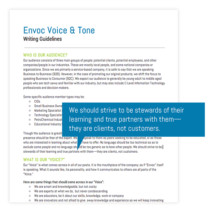 Envoc's Voice and Tone document, which defines the company's consistent messaging style