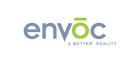 Graphic depicting the evolution of Envoc's logo with a focus on typographic adjustments and refreshed design elements