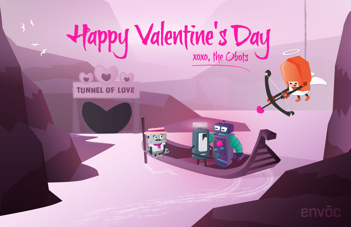 Obots in a Valentine's Day themed rendering showing love and friendship