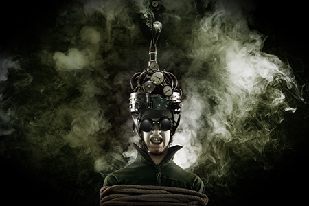 Individual with a telepathy device on their head for cultural connection